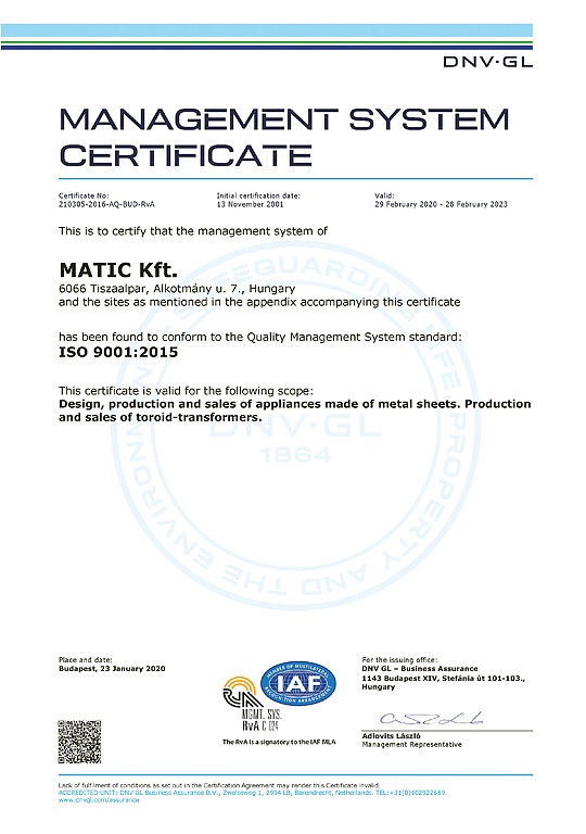 Matic Ltd. - DNV-GL ISO 9001