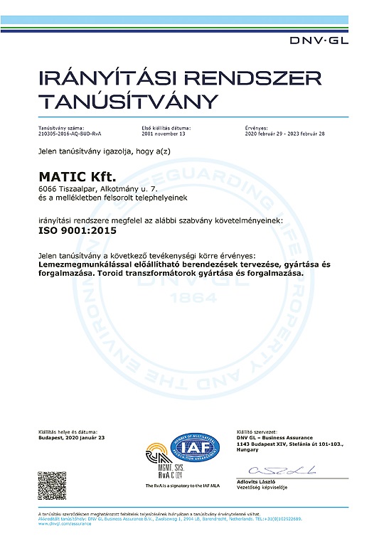 Matic Kft. - DNV-GL ISO 9001