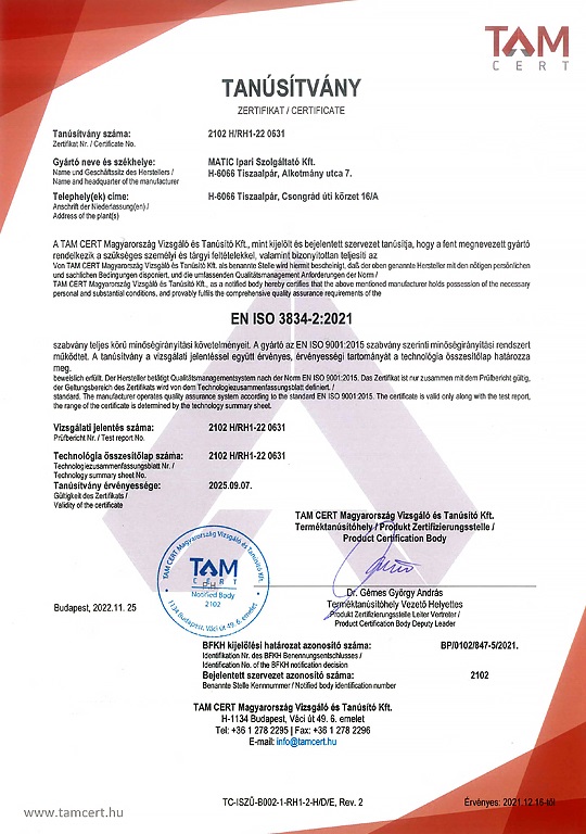Matic Kft. - TAM CERT ISO 3834-2